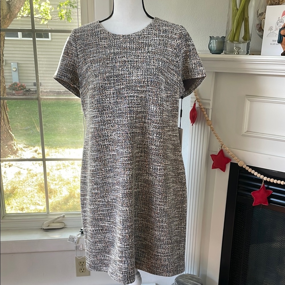 Textured Short-Sleeve Shift Dress in Neutral Tweed